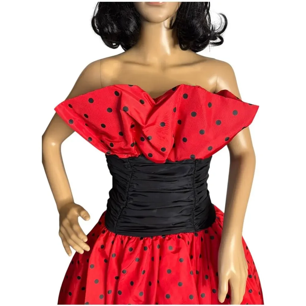 1980s Vintage Red Black Polka Dot Strapless Party Dress XS